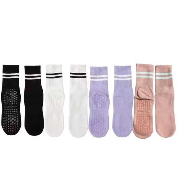 4 Pairs of Mid Tube Double Bar Striped Yoga Socks Anti Slip Dance Sports Breathable Socks Fitness Pilates Cotton SocksXJ250213