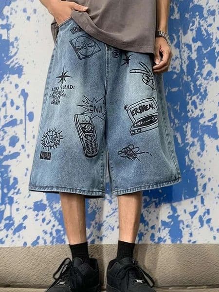 Summer Men Bodybuilding Embroidered Shorts Jeans Male Wide Leg Knee Length Retro Denim Pants Loose Graffiti Drawstring Pants 250214BJ