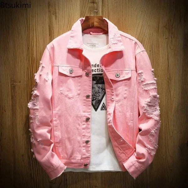 Mens Fashion Jeans Jacket Solid Spring Autumn Cotton Denim Men Red White Black Pink Ripped Hole Jean Coats Male 250210