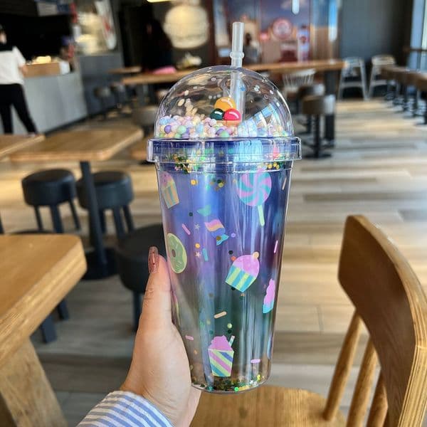 15.2oz plastic tumbler with lid cute dessert style kids drinkware reusable kawaii cup