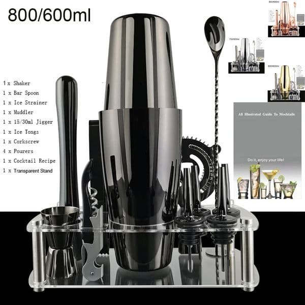 12pcs Black/Rose Gold/Silver 800/750/600ml Boston Shakers Bartender Kit Cocktail Shaker Set Bar Tools Stand Cocktail Recipe 250217