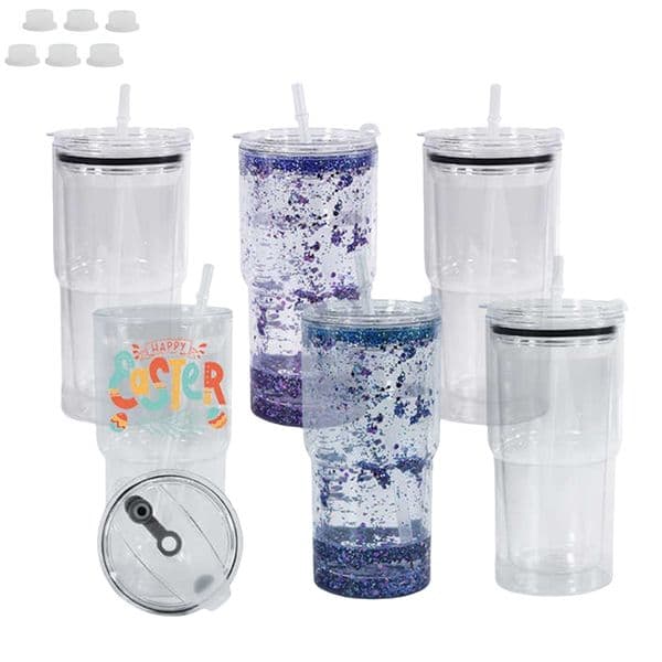 17oz Snow Globe Plastic Tumbler Double Wall Acrylic Cups Pre Drilled Hole Water Bottle Cold Beverage Mug With Seal Lids And Straws For DIY Glitter/UV DTF Wraps