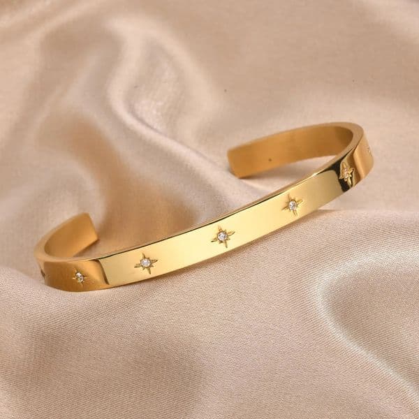 Open Adjustable Star Starburst Cuff Bangle Bracelet for Women Stainless Steel Cubic Zirconia Inlay Charm Layered Jewelry 250213