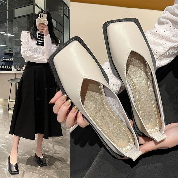Flat Shoes Women Square Toe Single Shoes Simple Temperament Leather Shoes Spring round toe heels 250214BJ