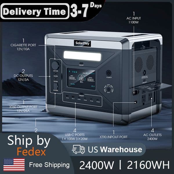 US Plug SOLARPLAY LiFePO4 Portable Power Station 2160WH Solar Generator With UPS Mode Pure sine wave 14 Output Ports Power Suply