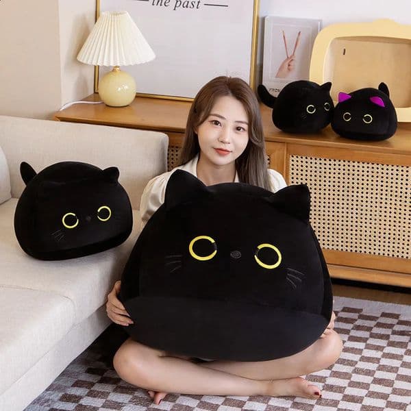 9cm-70cm Kawaii Big Size Plush Cat Pillow Round Black Cat Bed Cushion Sleeping Toys Stuffed Soft Animal Dolls Kids Birthday Gift 250219