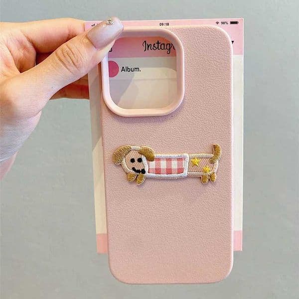 Korean Cute 3D Cartoon Embroidery Dog Phone Case For iPhone 16 15 14 13 11 12 Pro Max Plus Funny Puppy Leather Pattern Cover M250219