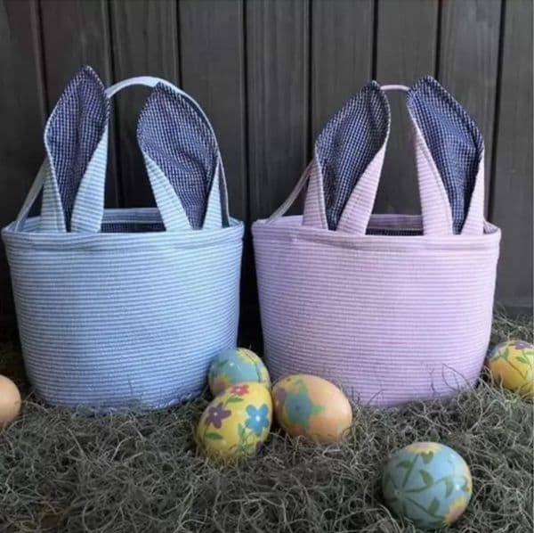 Easter Bag Favor Stripe Bunny Basket Cartoon Rabbit Long Ears Bucket Seersucker Easters Eggs Bags Kids Party Gift Fy4480 0219 0225