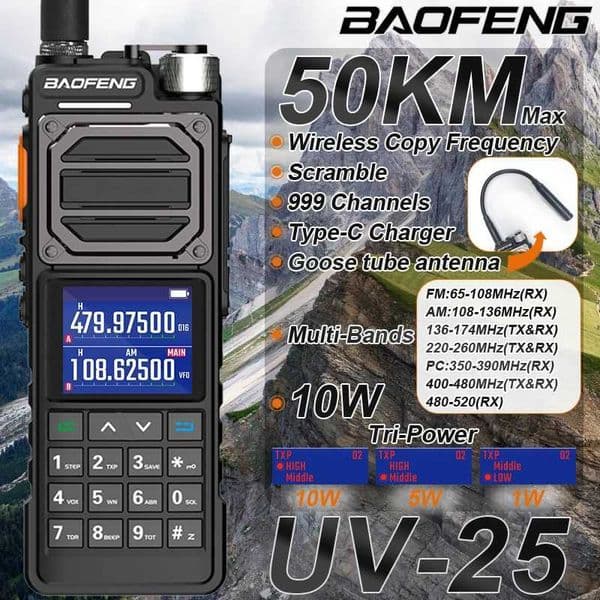 BAOFENG UV-25 10W Tactical Walkie Talkie Wireless Copy Frequency Type-C Profesional Two Way Ham Radio HF Transceiver NEW UpgradeXJ250219