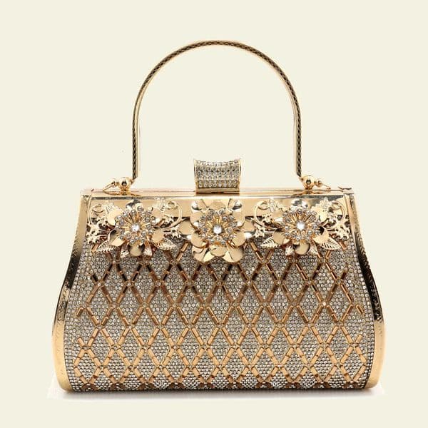 Rhinestones Bucket Women Evening Clutch Golden Metal Handle Handbags Crystal Flower Vintage Perfect n Box Holder 250218BJ