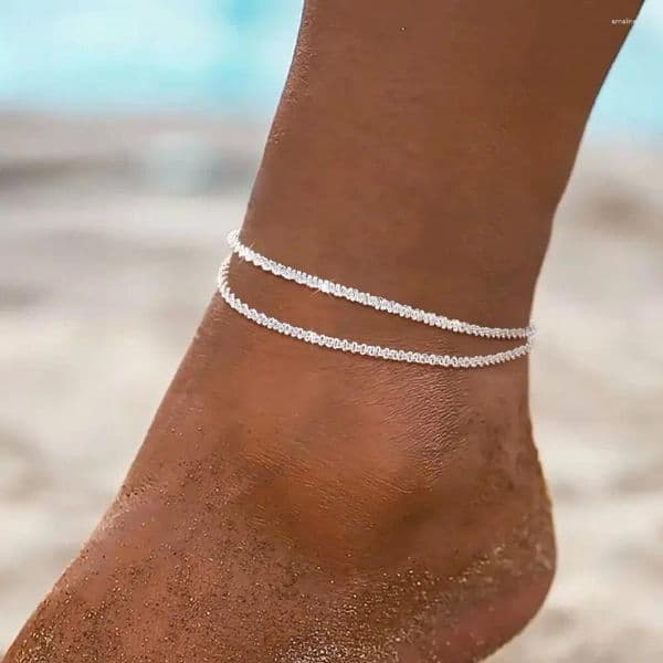 Summer Shiny Anklets Sparkling Copper Anklet For Women Silver Gold Color Multi-layer Chain On The Leg Foot Beach Ankle Jewelry L260603VH90