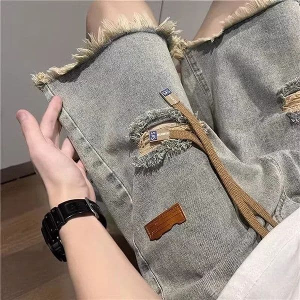 Summer Y2K Vintage Mens Jean Shorts Streetwear Ripped Bermuda Jorts Drawstring Baggy Wide Leg Blue Denim Shorts Pants 250220BJ