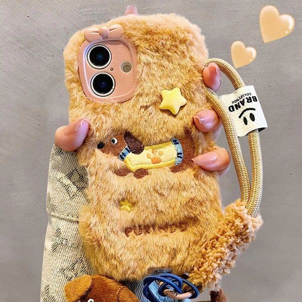 Cartoon Cute Dachshund Plush Phone Case with Lanyard for iPhone 16 Pro Max Z250220