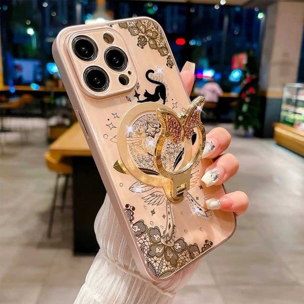 Luxury Night Cat pattern magnetic phone case for iPhone 15 14 13 Pro Max charging ring holder shockproof hard back cover Z250220