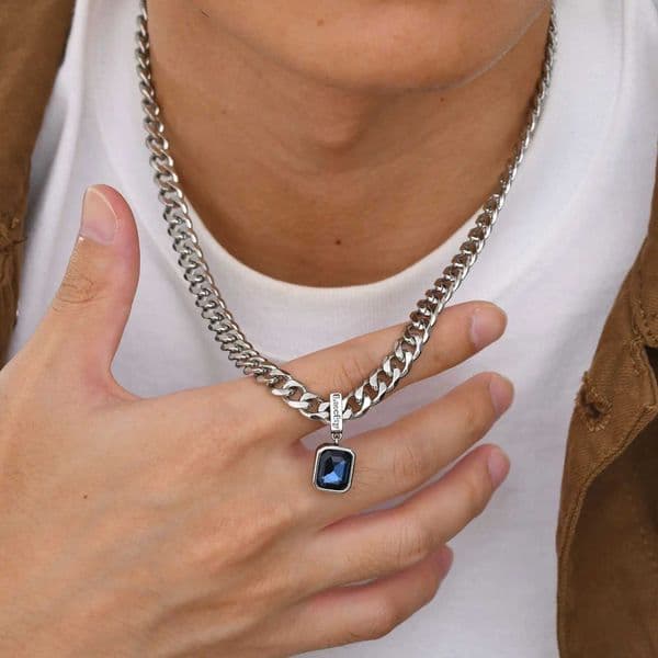 Sea Blue Zircon Pendant Necklaces for Men BoysStainl Steel Lucky Words Pendant CollarPunk Hiphop Jewelry Birtay GiftXJ250219