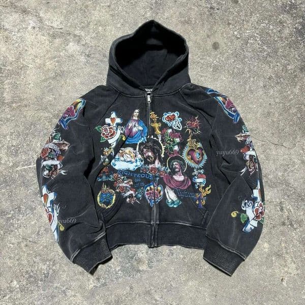 Risen King Zip Up Hoodie - Retro Black Washed Gothic Graphic Sweatshirt for Men and Women - Streetwear Casual Pullover M260622