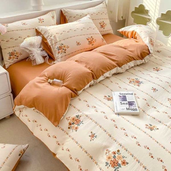 Korean Retro Floral Bedding Set 100% Washed Cotton Bed Sheets Set Soft Duvet Cover Bed Linen Pillowcase Single Double Queen KingXJ250220