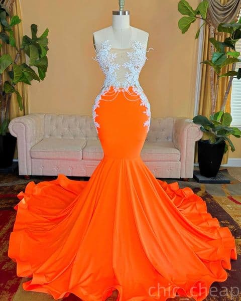 Orange Mermaid Prom Dresses 2025 Lace Beaded Satin Strapless Evening Formal Party Second Birthday Engagement Gowns Plus Size Dress For Special Ocns