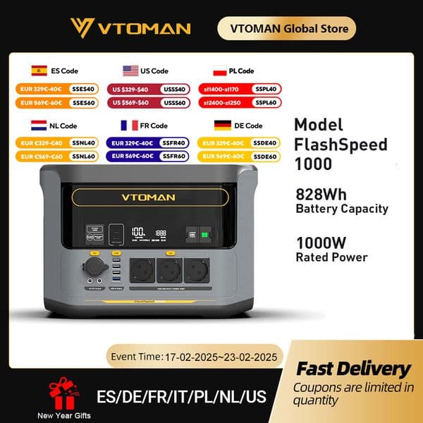 VTOMAN FlashSpeed 1000 Portable Power Station 2000W 828Wh LiFeP04 Battery For Outdoor Camping Tent Travel