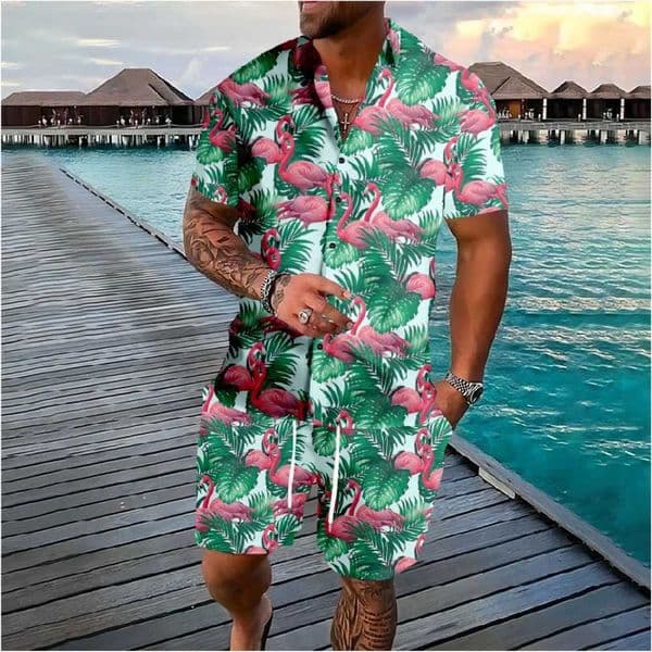 Hawaiian flamingo coconut tree 3D printed short sleeved shirt+short sleeved 2PCS set casual beach wear vacation 2-piece set mens clothing W250221