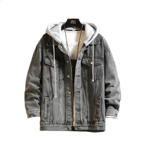 Denim jacket mens hooded casual jeans street clothing solid color lapel denim hat ZL166 250212