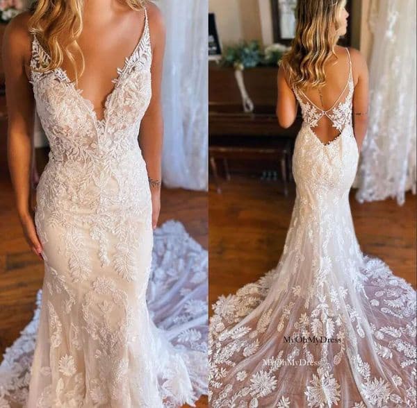 Elegant Spaghetti Straps Lace Mermaid Dresses Tulle Applique Backless Bridal Gown Custom Made Court Train New Design Wedding Gowns Bc15254 0218