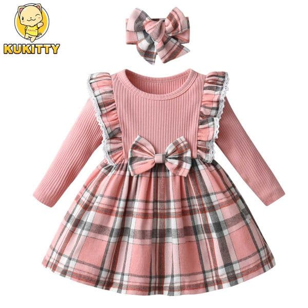 0-24Months Toddlers Baby Girls Princess Dress Clothes New Plaid Knit Long Sleeve Dresses Come with Bow Headband Outfits X250220