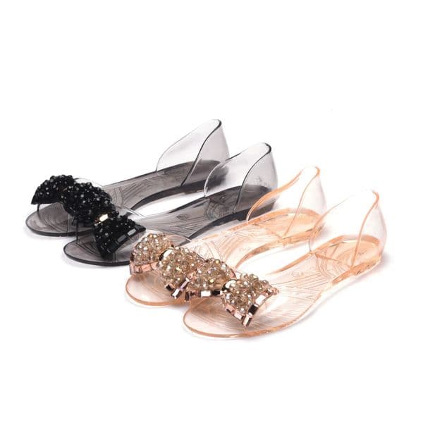Womens PVC Transparent Sandals Summer Flat Jelly Shoes Glass Diamond Bow Fashion Shoes Plastic Fish Mouth Shoes 250214