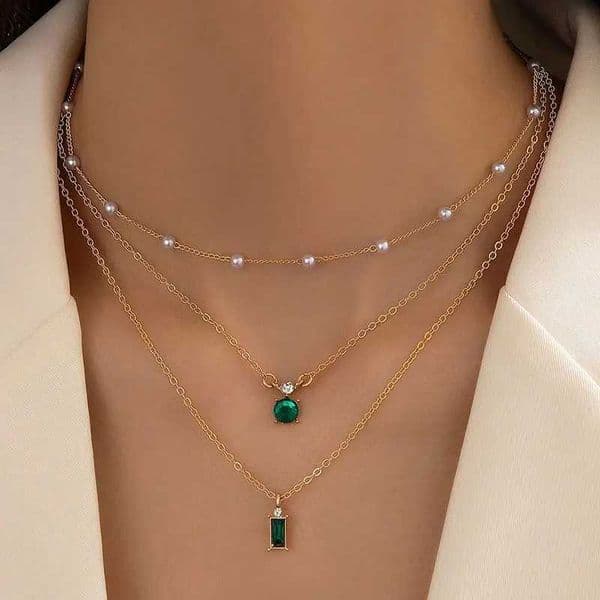 Tocona Charming Green Crystal Stone Multi layered Necklace for Womens Minimalist Geometric Pearl Chain Triple Clavicle ChainXJ250222
