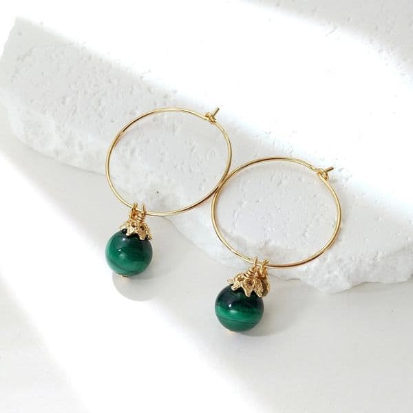 This Gemstone Natural Malachite 10mm 925 Sterling Silver 18K Gold Plated Leaves Hoop Earrings 250219