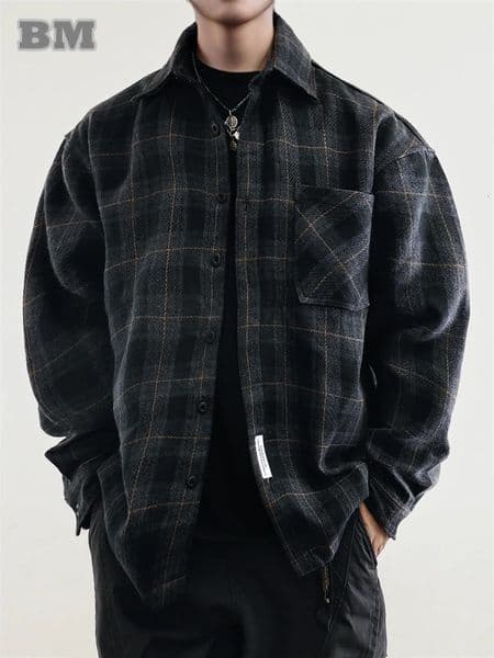 Autumn Winter Vintage Thick Plaid Shirts For Men American Streetwear Loose Tops Harajuku Casual Cargo Long Sleeve Mens Clothing 250219BJ