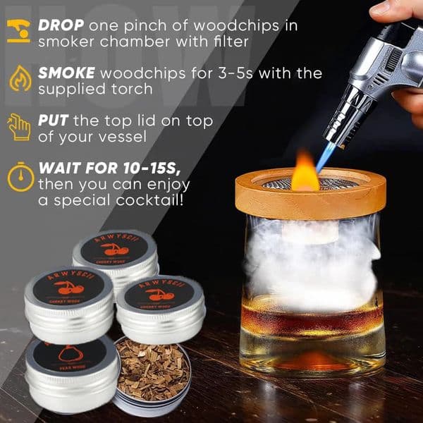 Wooden Cocktail Smoker Kit Old Fashioned Whiskey Drinks Tools With Fruity Wood Chips Kitchen Bar Supplies 250218BJ