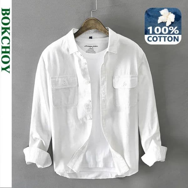 Spring and Autumn Long Sleeve Cargo White Shirts for Men Clothing Pure Cotton Retro Style Button Up Pocket Streetwear AZ102 250219BJ