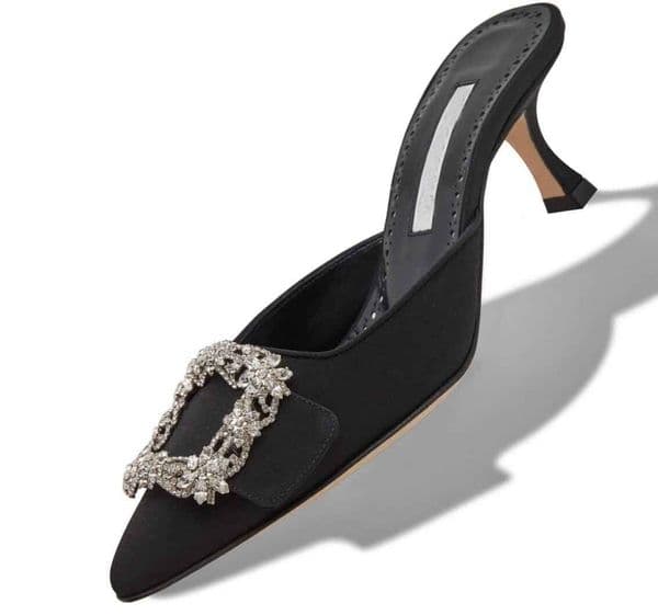 Luxury Maysale Sandals Shoes Jewel Black White Satin Square Crystal Buckle Mules Stiletto Kitten Heel Slip On Slippers EU35-43