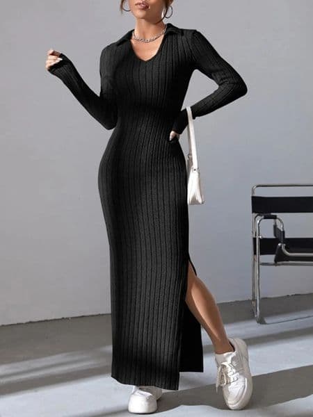 Europe And The United States Autumn Winter Knitted SlimFit Lapel Long Sleeve Pit Strip Solid Color Tight Dress 250222BJ