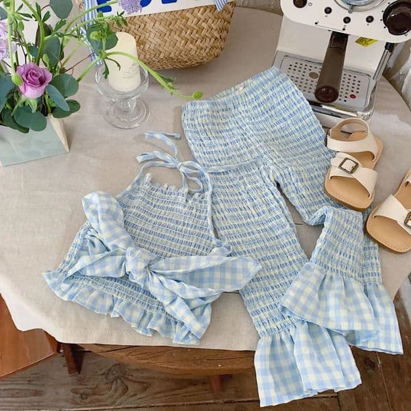 Summer 26 Year Baby Girls 2PCS Clothes Set Sleeveless Blue Solid Color Sling Elastic Waist Cotton Pants Suit Children Outfits 250221