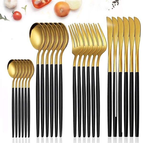 24Pcs Stainless Steel Dinnerware Set Black Gold Cutlery Spoon Fork Knife Western Cutlers Silverware Flatware Tableware Supplies 250210CJ