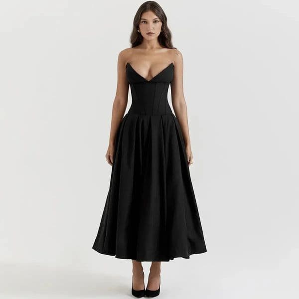 Black Elegant Wedding Events Dress Sexy Strapless Corset Dress Midi Christmas Party Dresses for Women Clothing250222BJ