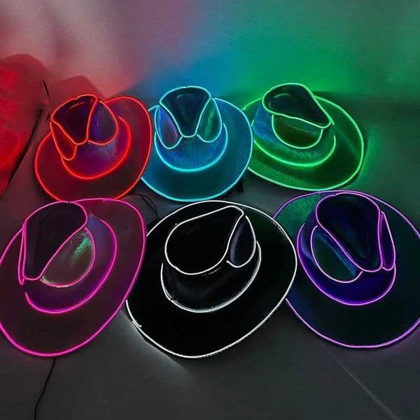 LED Glow Cowboy Hat Halloween Beaded Hat Wireless Fluorescent Western Cow Glow Hat Holiday Party Supplies X250225