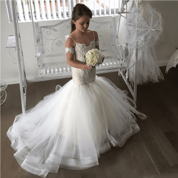 Luxurious White Mermaid Tutu Flower Girl Dresses Appliques Lace Tiers Tulle Lilttle Kids Birthday Pageant Weddding Gowns Kids Dress