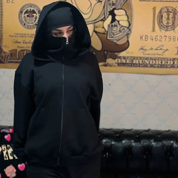 Black Cotton Zipper Hoodie Men Women Ins Masked Warm Sweatshirt Fall Winter Long-sleeved Couple Outdoor Leisure Jacket 250226