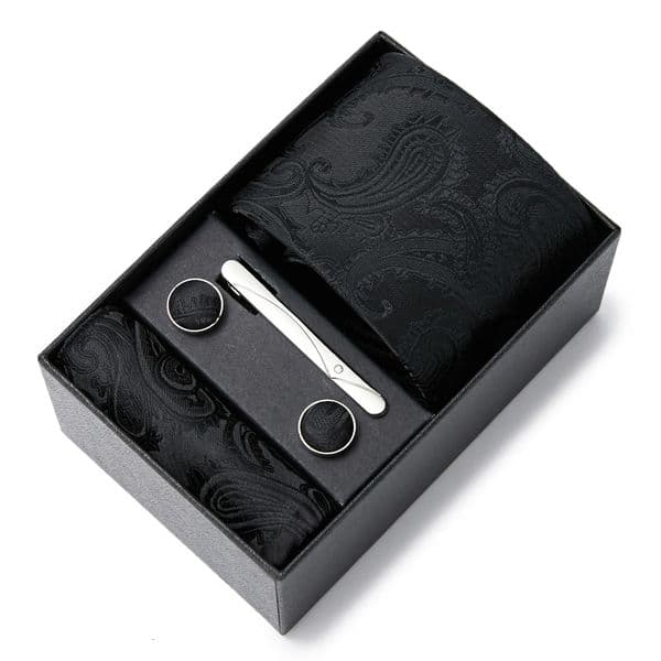 Fashion 7.5 cm Width Tie Sets Black Mens Tie Hankerchiefs Cufflinks clip Box wedding gift handmade Necktie Work Clothing 250225