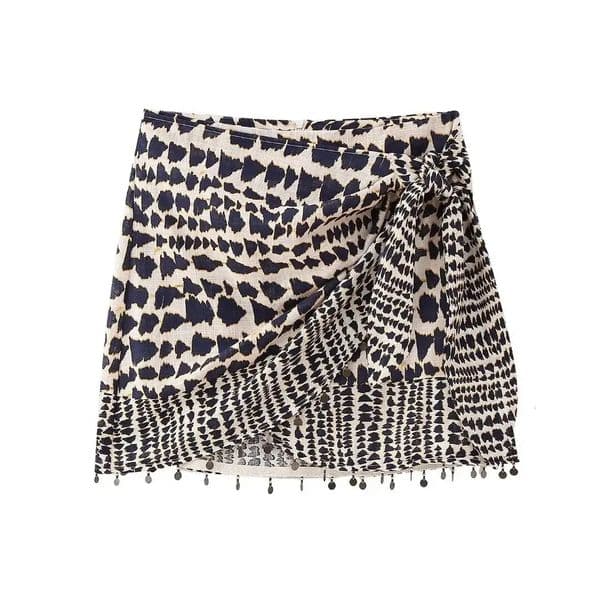 Women Vintage Geometric Print Knotted Mini Sarong Skirt Faldas Mujer Female Beading Tassel Casual Zipper Vestidos QUN4078 250226