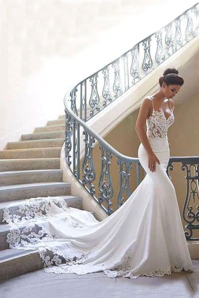 Romantic Lace Satin Mermaid Wedding Dresses Sexy Backless Spaghetti Straps Appliques Long Bridal Gowns Summer Boho Robes de mariage BM0968