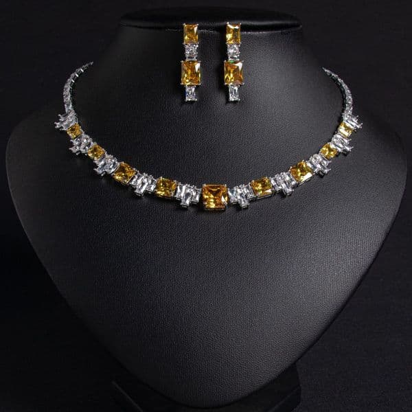 New Luxury Ice Flower Cut Zircon Color Treasure Necklace Set Wedding Dress Accessories Banquet Zircon Jewelry 241115