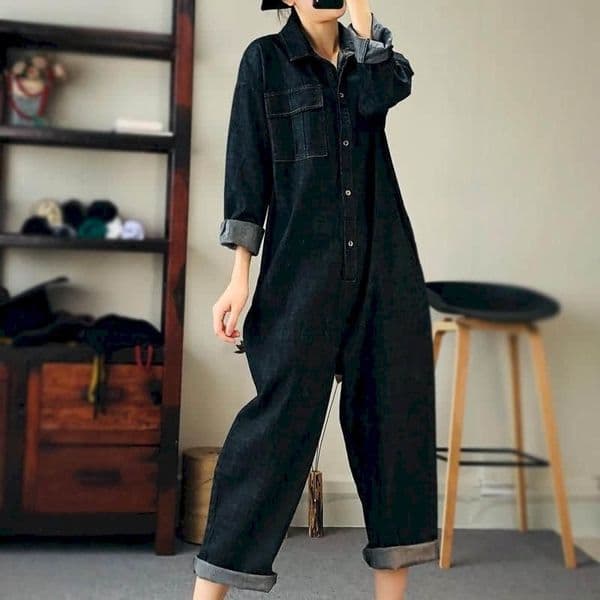 Oversized denim jumpsuit womens blue long sleeved Playsuits high waisted fashion top casual onepiece clothing 250211k