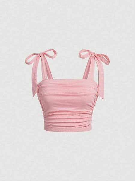 Solid Tie Shoulder Ruched Wide Strap Slim Fit Crop Top for Women Summer Y2K Clothes Pink Backless Cami Top Streetwear 250226