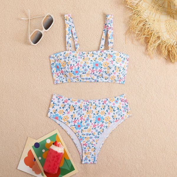 2025 new split women's floral small fresh high elasticity durable swimsuit for hot springs bikini