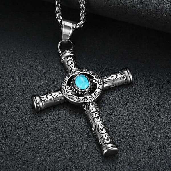 Blue turquoise cross necklace, hip-hop fashion dia inlaid jewelry pendant, men and women