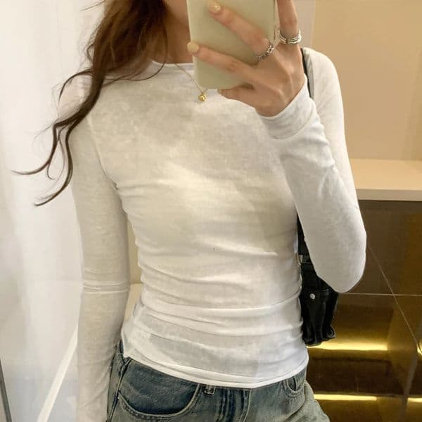 SpringAutumn Womens Tshirt solid ultrathin suitable for long sleeved Oneck womens casual streetwear highquality underwear 250226